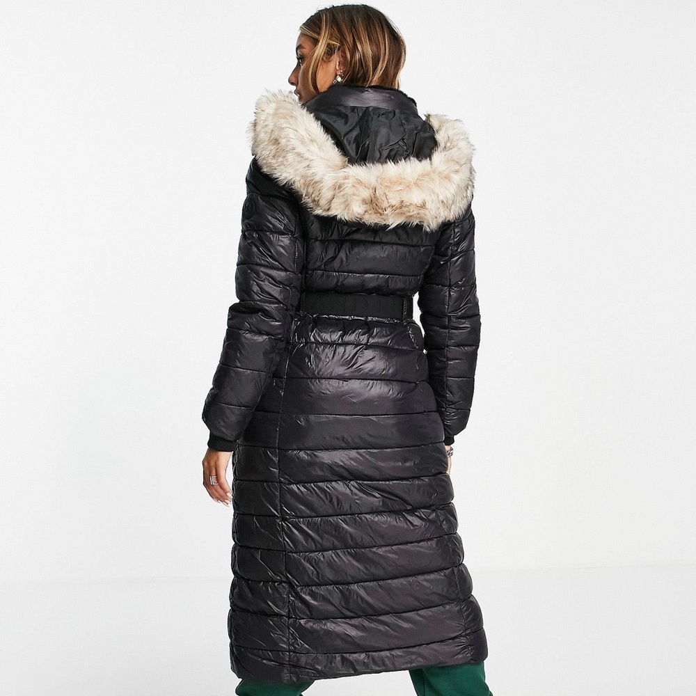 River Island Longline Padded Coat with Faux Fur Hood